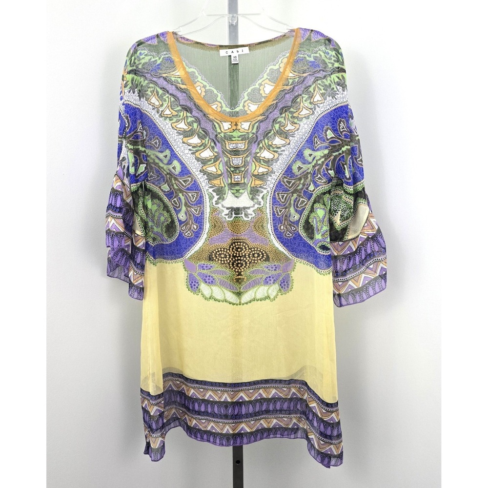 Cabi Sheer Paisley Print 3/4 Sleeve Silk Multicolor Top XS